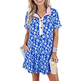 Wenrine Womens Floral Mini Dress Casual Short Sleeve Collared Button Down Summer Beach Vacation Dresses