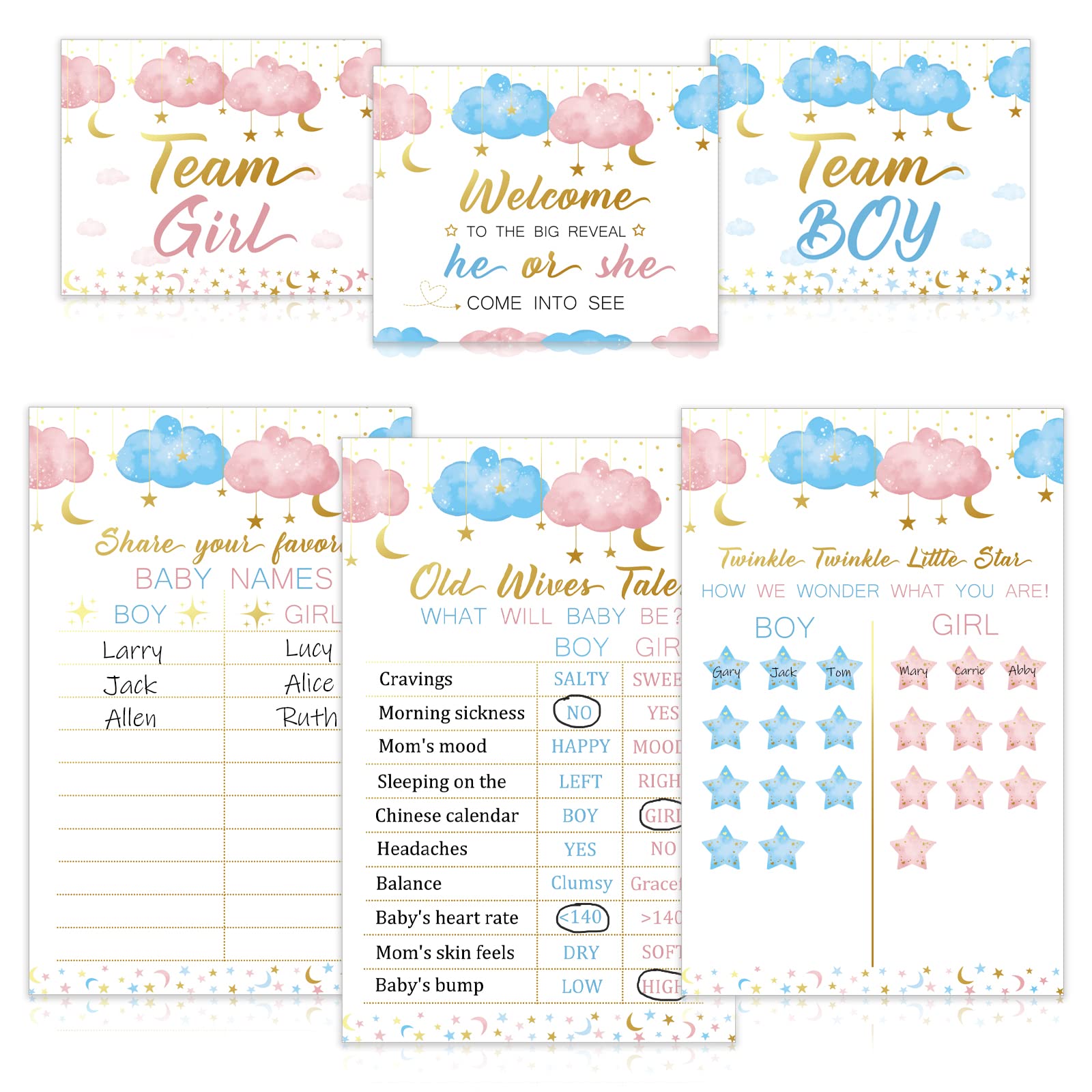Baby Gender Reveal Party Supplies Kit,Twinkle little star Photo Props Games Decorations,He or She,Includes 3 Game Posters (11x17),3 Signs (8x10),60 Blue and Pink Voting Stickers