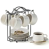 YHOSSEUN 4 OZ Espresso Cups Set of 6 with Saucers, Spoons and Stand, Beige | Porcelain Expresso Shot Cups for Double Espresso, Small Demitasse Coffee Cup for Tea Party, Espresso Accessories for Machine