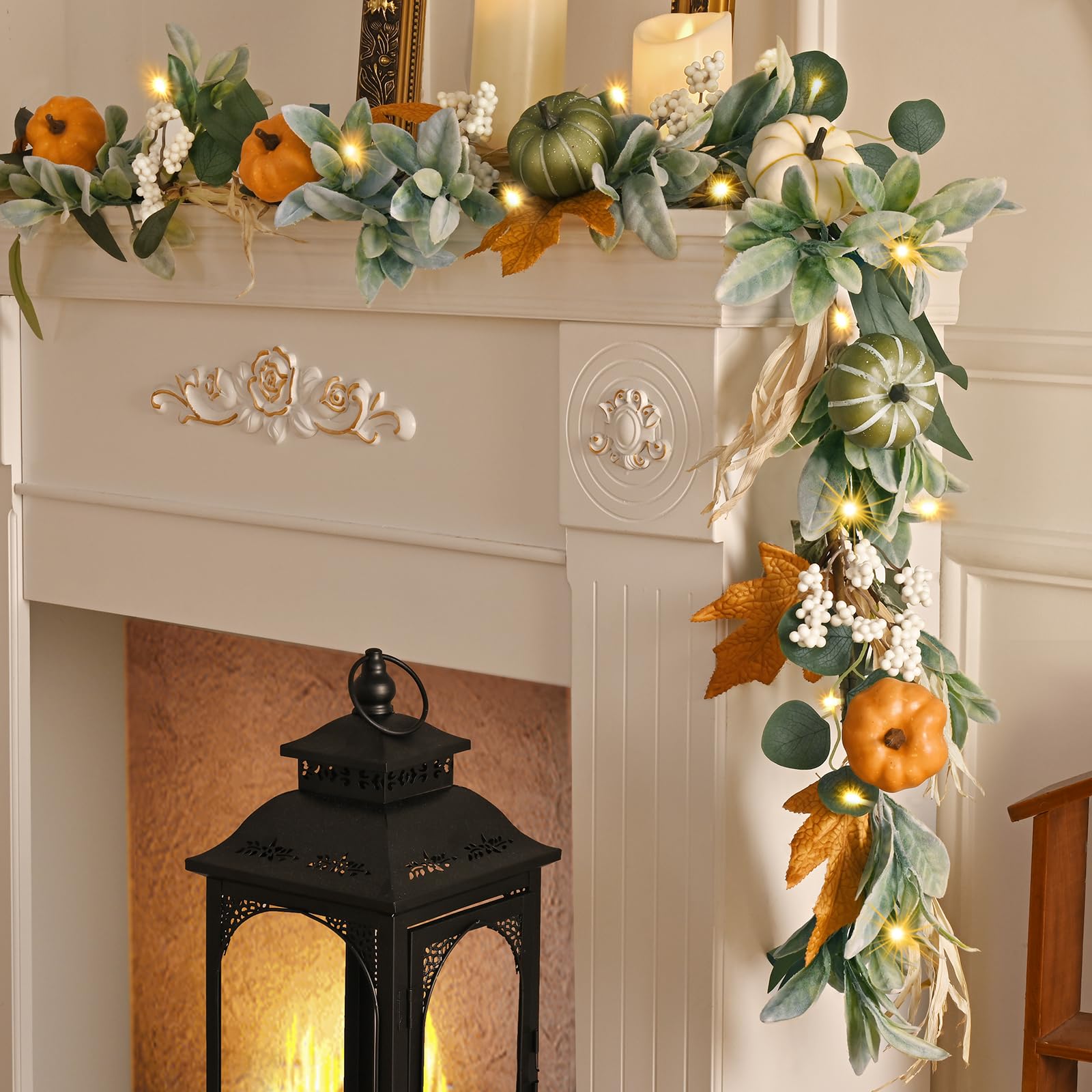 Photo 1 of Fall Decor,Fall Garland for Mantel, 6 FT Fall Garland with Light, Lighted Autumn Garlands with Faux Lamb's Ear & Pumpkins, Thanksgiving Table Centerpiece, Fall Decorations for Home Porch Fireplace