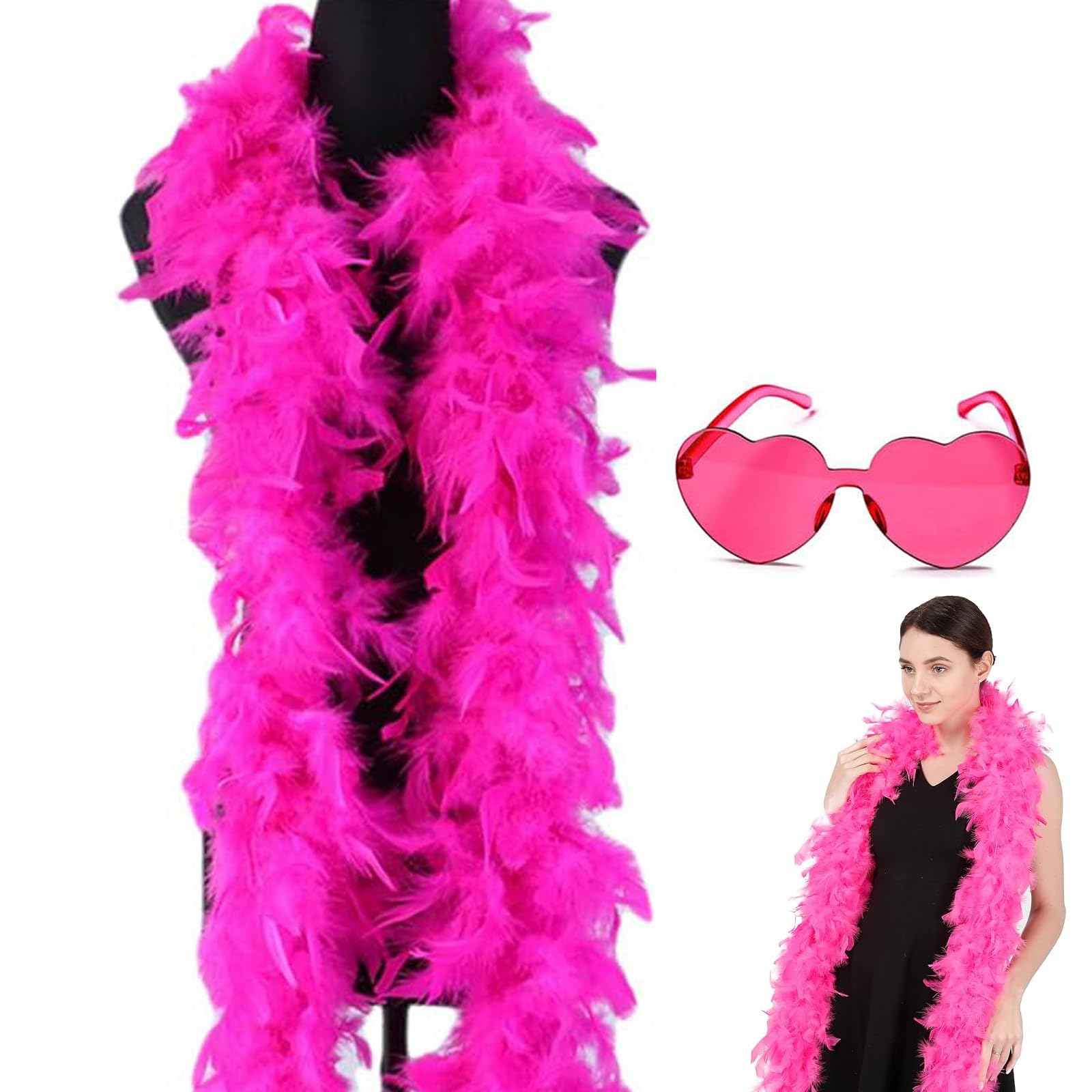 TZMFHD Pink Feather Boa 2M and Heart Rimless Sunglasses, Women's Accessory, Pink Loose Feathered, Perfect for Carnival, Halloween, Cosplay, Party Decorations