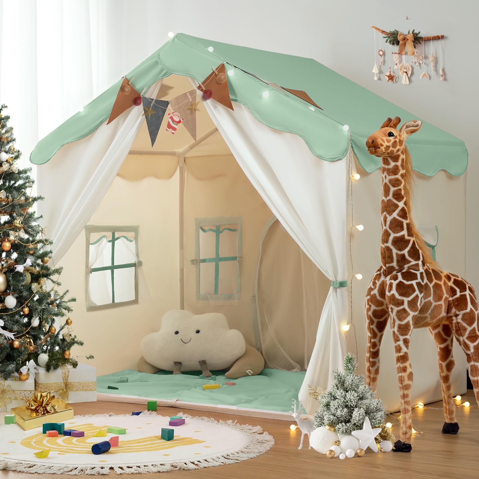 besrey 2-in-1 Kids Play House Tent for Girls & Boys – Indoor Toddler Tent with Lights & Pad, Children Tents for Kids & Toddlers, Large Bed Tents, Princess Playhouse with 2 Doors green