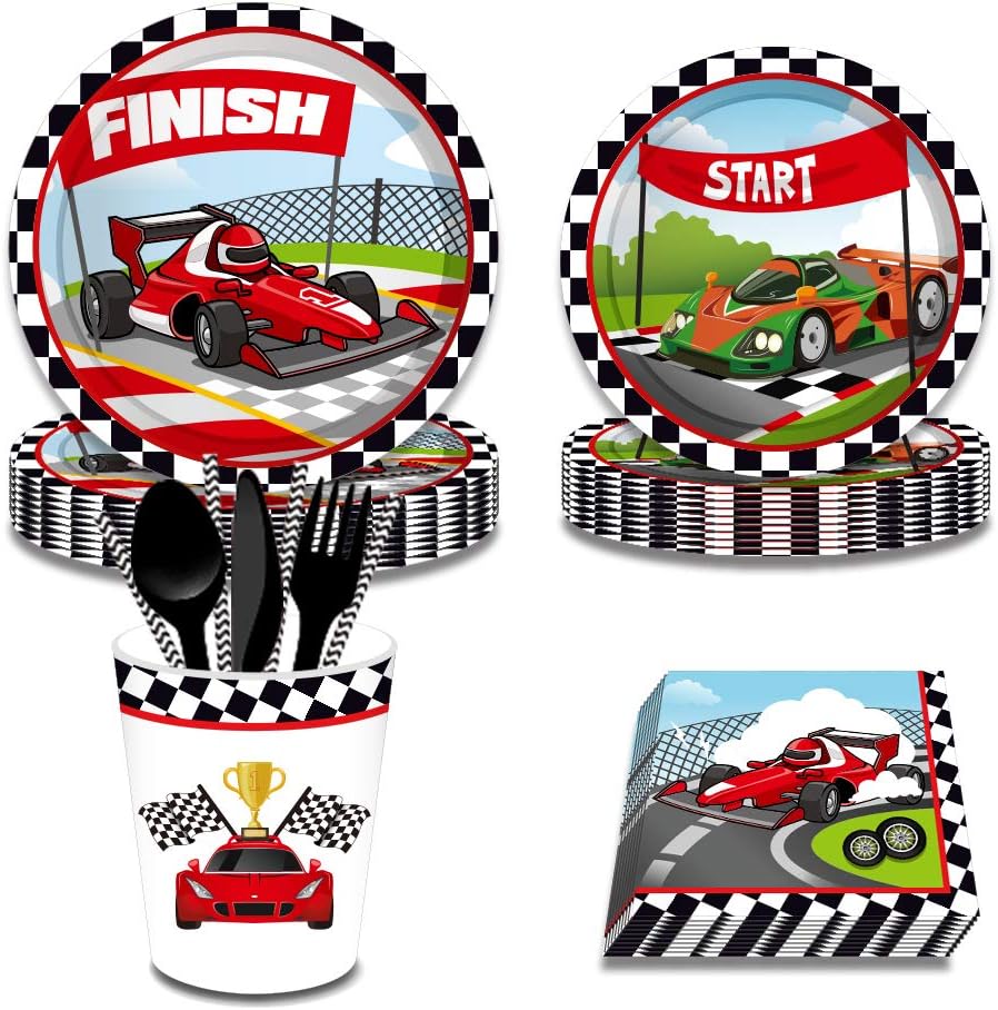 Racecar Racing party Paper Disposable Tableware, checkered Flag Race Birthday Party Supplies Set Plates Napkins Cups Tableware Kit for boy birtyday party