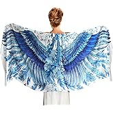 Designer Blue Silk & Cashmere Scarf With Wide Spread Bird Feather Wings (Blue Wings)