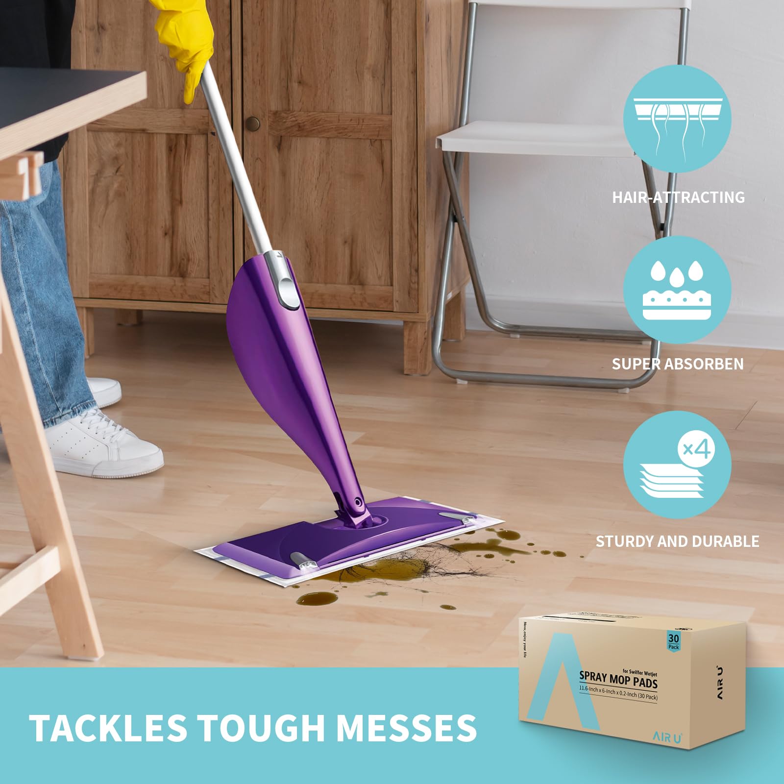 AIR U+ Disposable Mop Pad Refills for Swiffer Wet Jet Mops, Thickned and Absorbent Wet Pads Refill, 30 Count