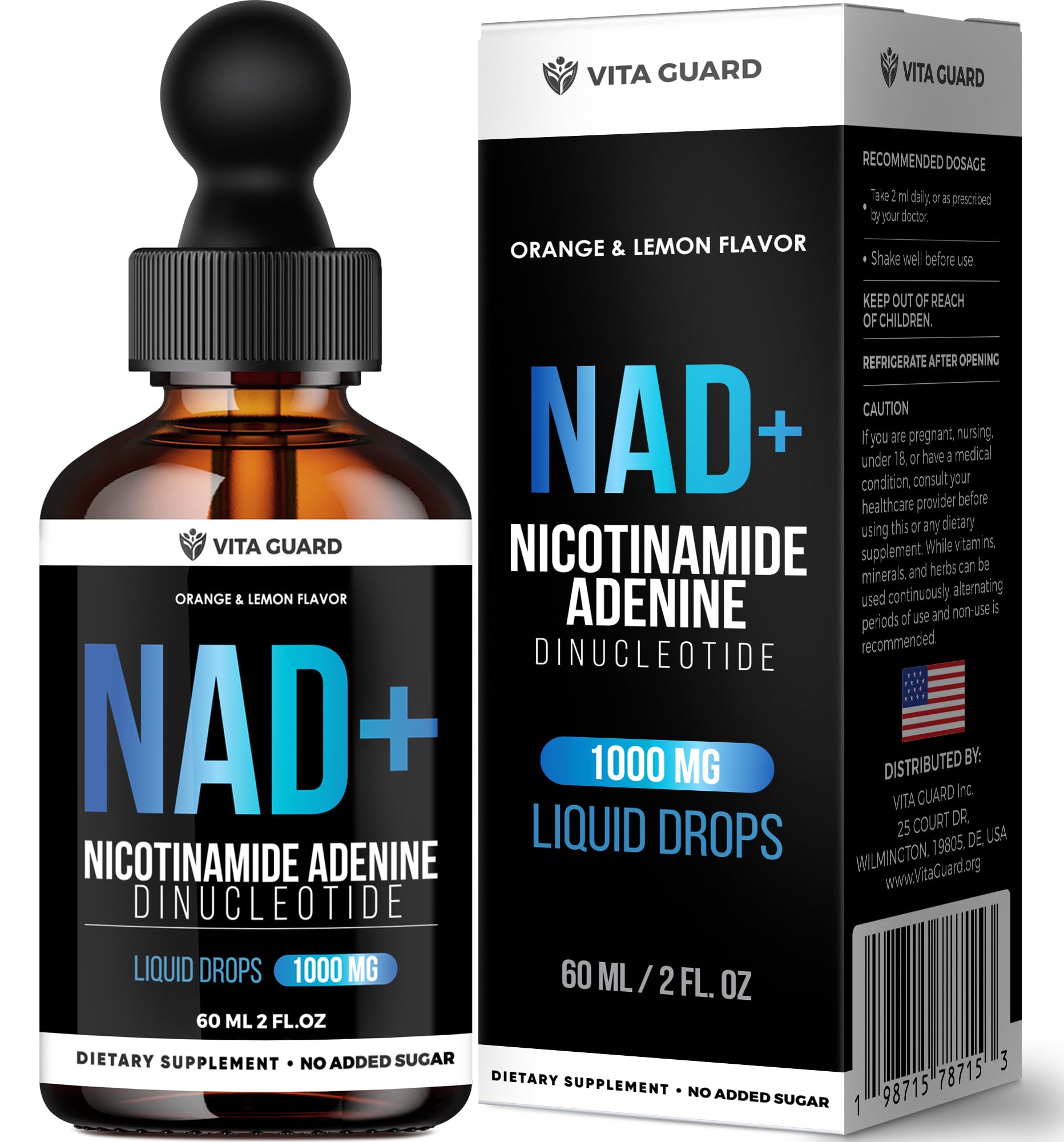 Vita Guard Pure NAD+ Supplements 1000mg Liquid Drops for Women & Man | Nicotinamide Adenine Similar to Nicotinamide Riboside NAD Plus Boosting Supplement - Natural Lemon & Orange Flavor