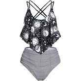 Rosegal Women Plus Size Gothic Tankini Swimsuit Celestial Sun Moon Print Crisscross Flounce Two Piece Bathing Suit
