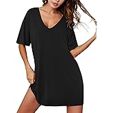 Ekouaer Nightgowns for Women Bamboo Viscose Sleepshirt Short sleeve Nightshirt V Neck T shirt Night gown Boyfriend Sleepwear