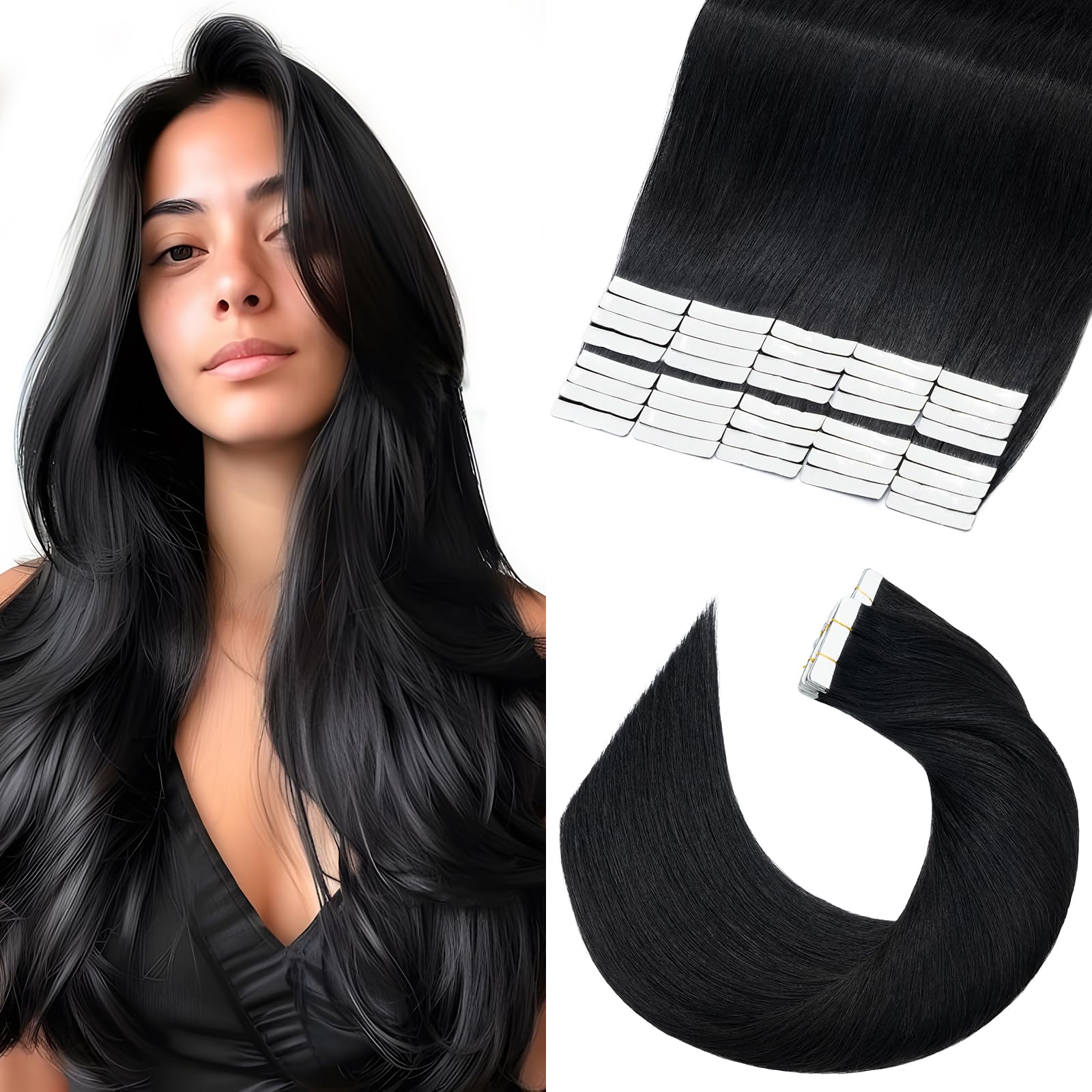 Elailite Tape in Hair Extensions Human Hair Real Hair Black 40 Pcs - Seamless Skin Weft Remy Natural Hair Extension Long Straight (#1 Jet Black, 24 Inch-100g) — image 1