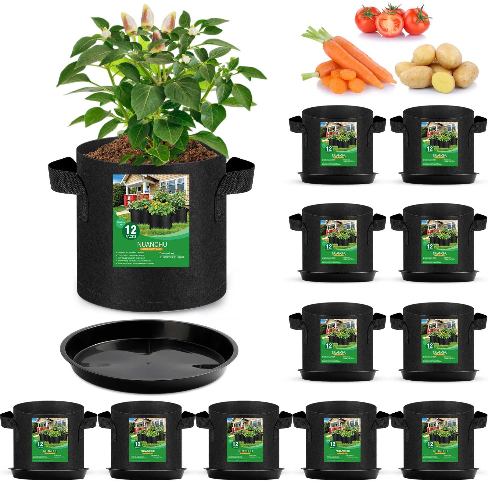 Photo 1 of Funnymoom 12 Sets 1 Gallon Grow Bags with Plant Saucers, Durable Fabric Plant Pots with Handles, Aeration Drainage Planter Bags for Planter, Reusable Garden Bags Drip Trays Set for Indoor Outdoor