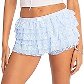 Women Ruffle Lace Shorts Bloomers Summer Casual Layered Tiered Pleated Slim Fit Floral Lace Trim Shorts