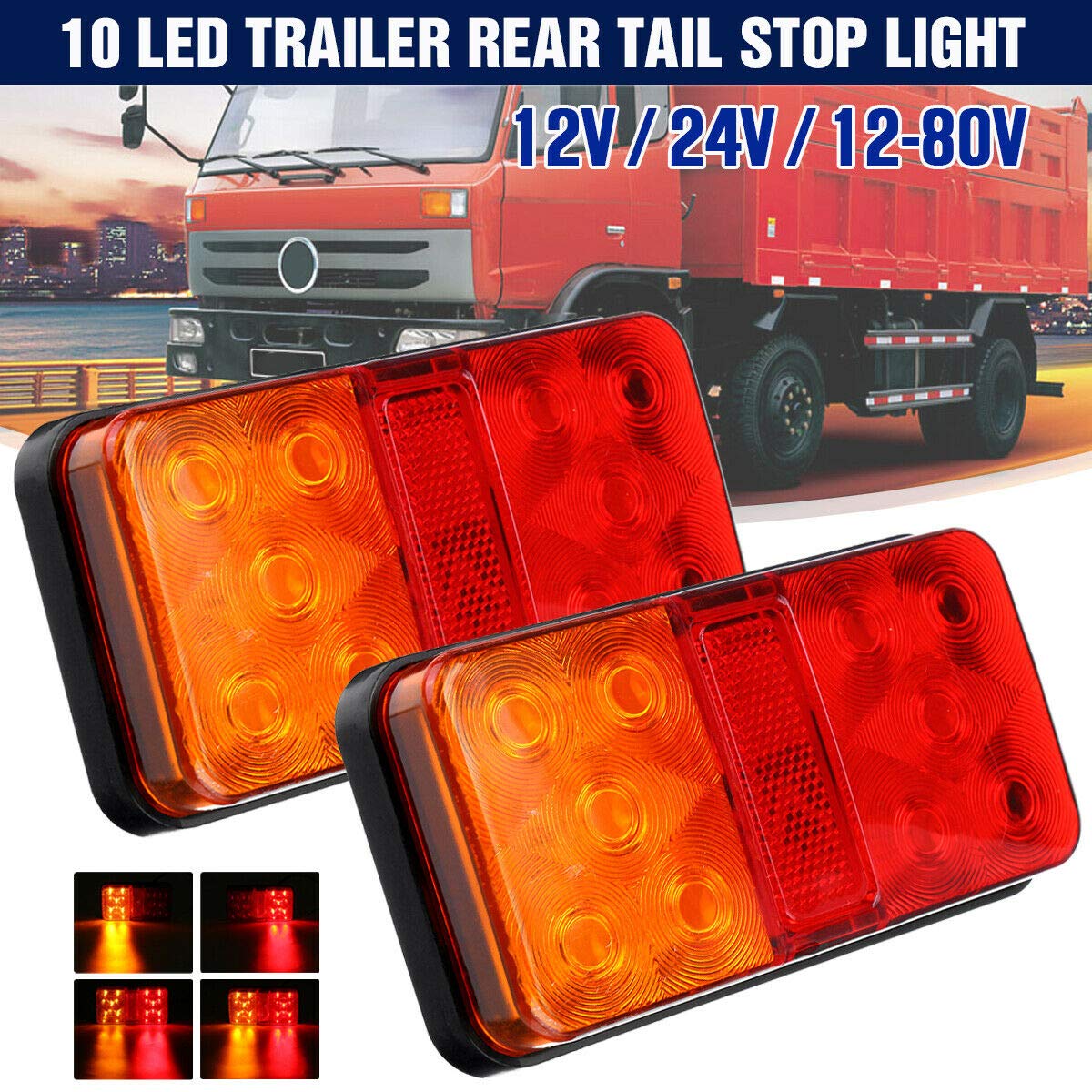 SUPAREE 12V LED Rear Tail Lights Trailer Lights Universal Stop Light Indicator Lamps Red Stop Brake Turn Signal Light for Car Caravan Van Boat Camper (A-10Leds)