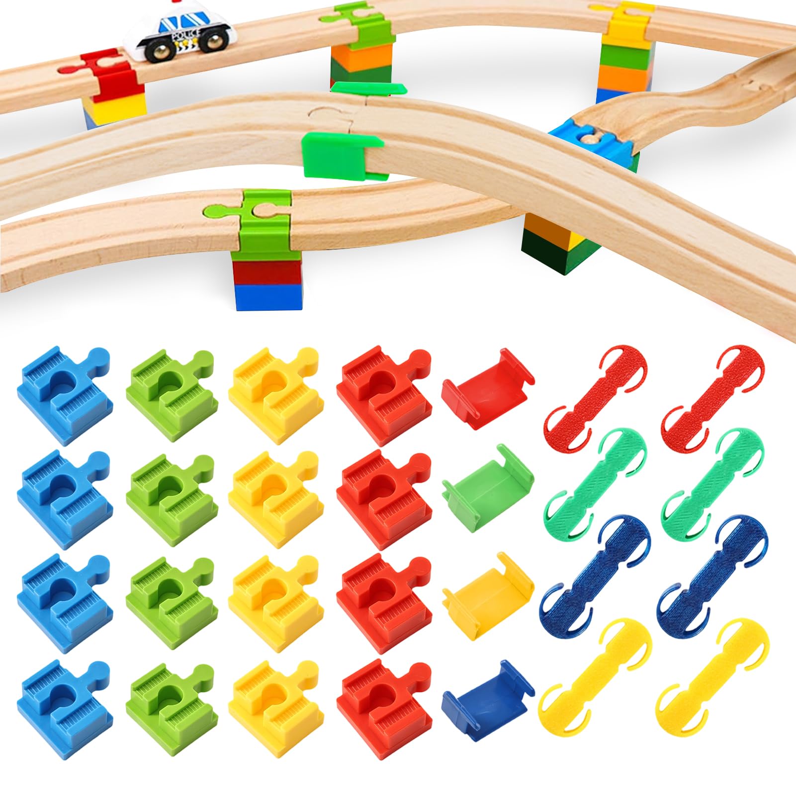 28 Pieces Wooden Train Tracks - Wooden Railway Rail Adapters - Plastic Rail Connectors for Wood Railways - Compatible with Common Model Trains Accessories for Children 3-7 Years Old Boys and Girls