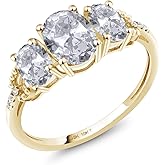 Gem Stone King 10K Yellow Gold White Topaz and Diamond 3-Stone Engagement Ring For Women |2.22 Cttw | Gemstone Birthstone | Oval 7X5MM and 6X4MM