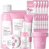 Sakura Face Care Set for Women, 17Pcs Moisturizing Skin Care Set Include Sakura Cream, Cleanser, Serum, Toner, Eye Cream, Lip Mask, Mud Mask, Sleeping Mask, Skin Care Routine for Daily Beauty Care