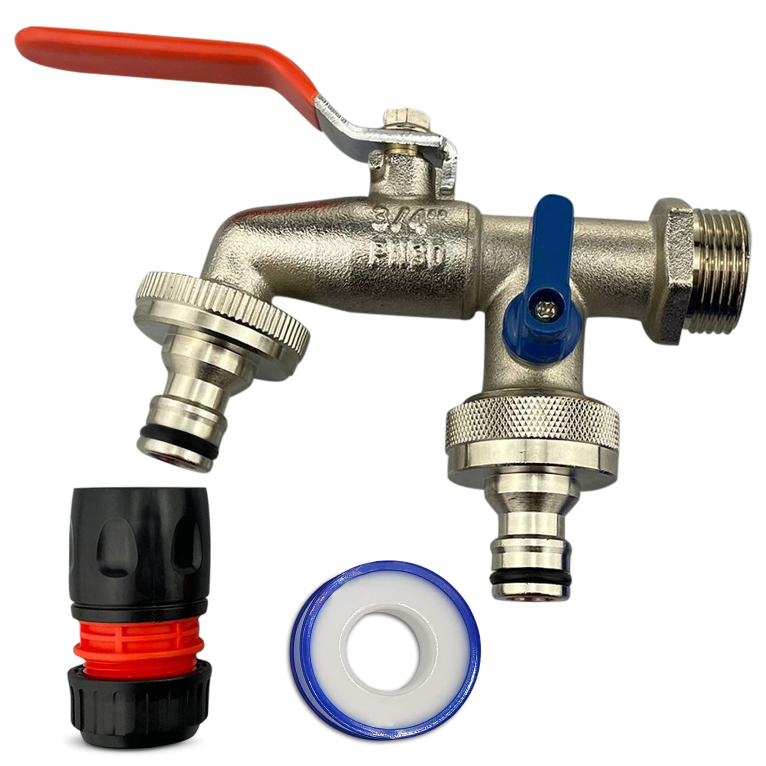 3/4" Brass Nickel Double Water Tap – Rust and Frost Resistant +2x Snap-On Connectors +2x Hose Connectors Hozelock Compatible + PTFE Tape – Ideal for Garden, Rain Barrel or Washing M. Set by MYPURECORE