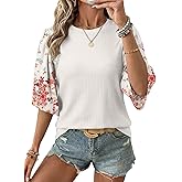 EVALESS 3/4 Length Sleeve Womens Tops Dressy Casual Blouses Floral Print Crewneck Patchwork Shirts 2026 Spring Outfits