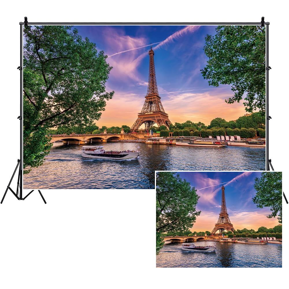 SDOTPMT 7x5ft The Eiffel Tower Polyester Backdrop Paris Cityscape The Seine Sunshine Bridge Lake Outdoor Vacation Theme Photography Background Honeymoon Travel Wedding Decor Studio Prop