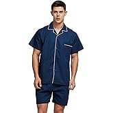 Mens Cotton Pajamas Short Sleeve Pajama Set Woven Sleepwear Loungewear Nightwear