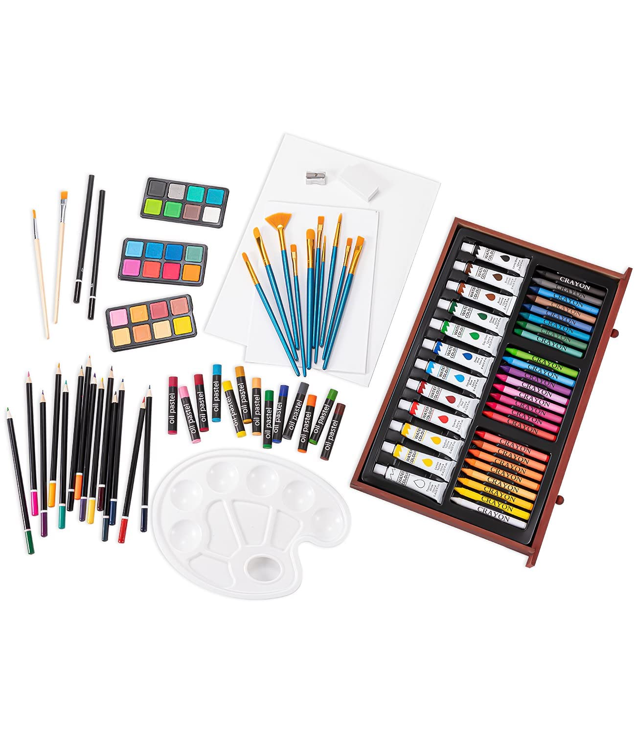 Art Supplies, Deluxe Wooden Art Set Crafts Drawing Painting Kit with 12 Watercolor Paints, 12 Brushes, 2 Sketch Pads, 2 Canvas Boards, Palette, Creative Gift for Adults Teens Kids Beginners Girls Boys