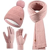 Ldopsa Womens Winter Hat Gloves Scarf Set, Warm Knit Pom Pom Beanie with Fleece Lined Long Neck Scarf Touchscreen Gloves Gift