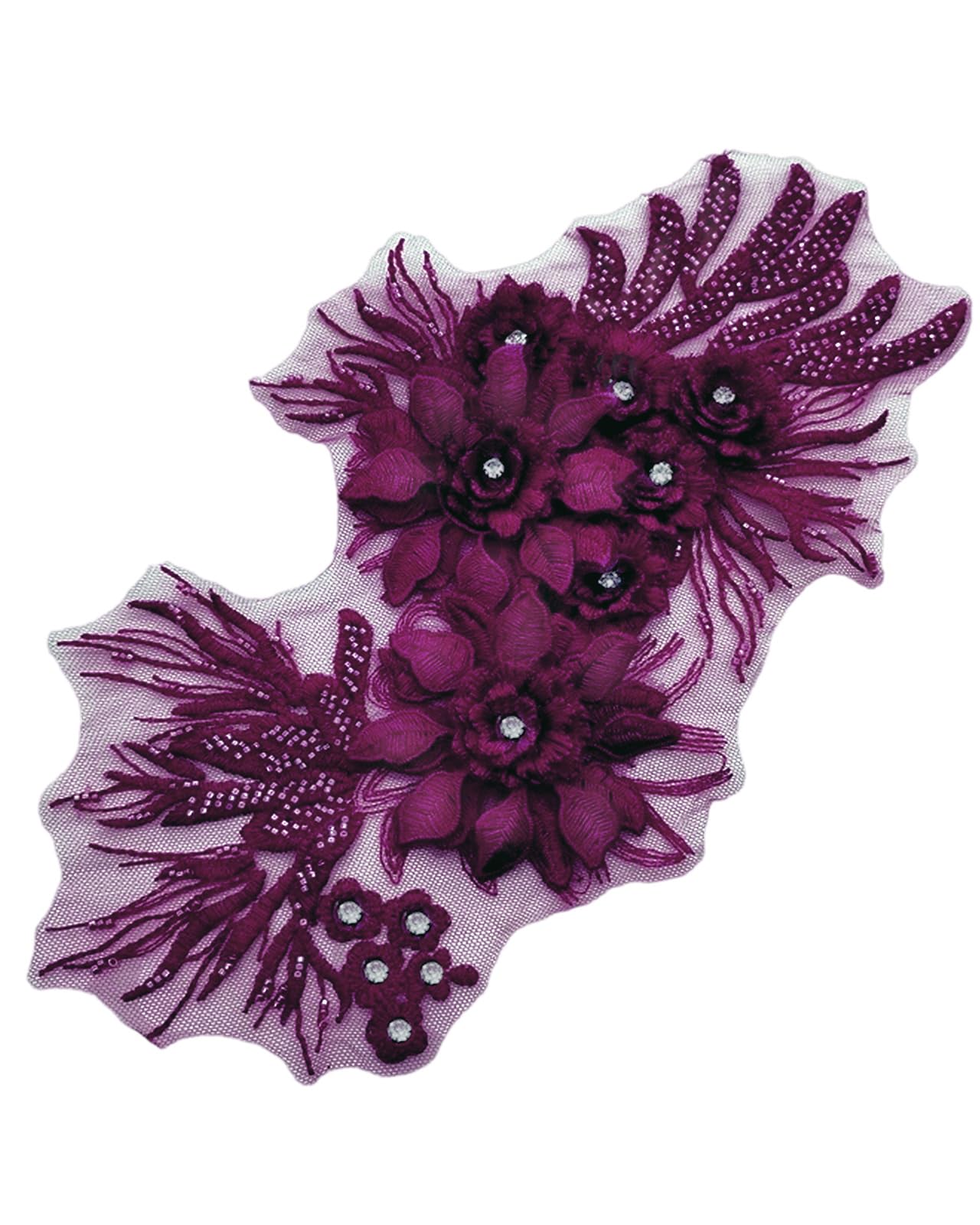 Photo 1 of 1pc 3D Flower Rhinestone Applique for Clothes, Handmade Crystal Patches for Wedding Dress, Sparkle Beaded Embroidery Lace Applique for Jacket Jeans Sewing Embellishment (Purple)