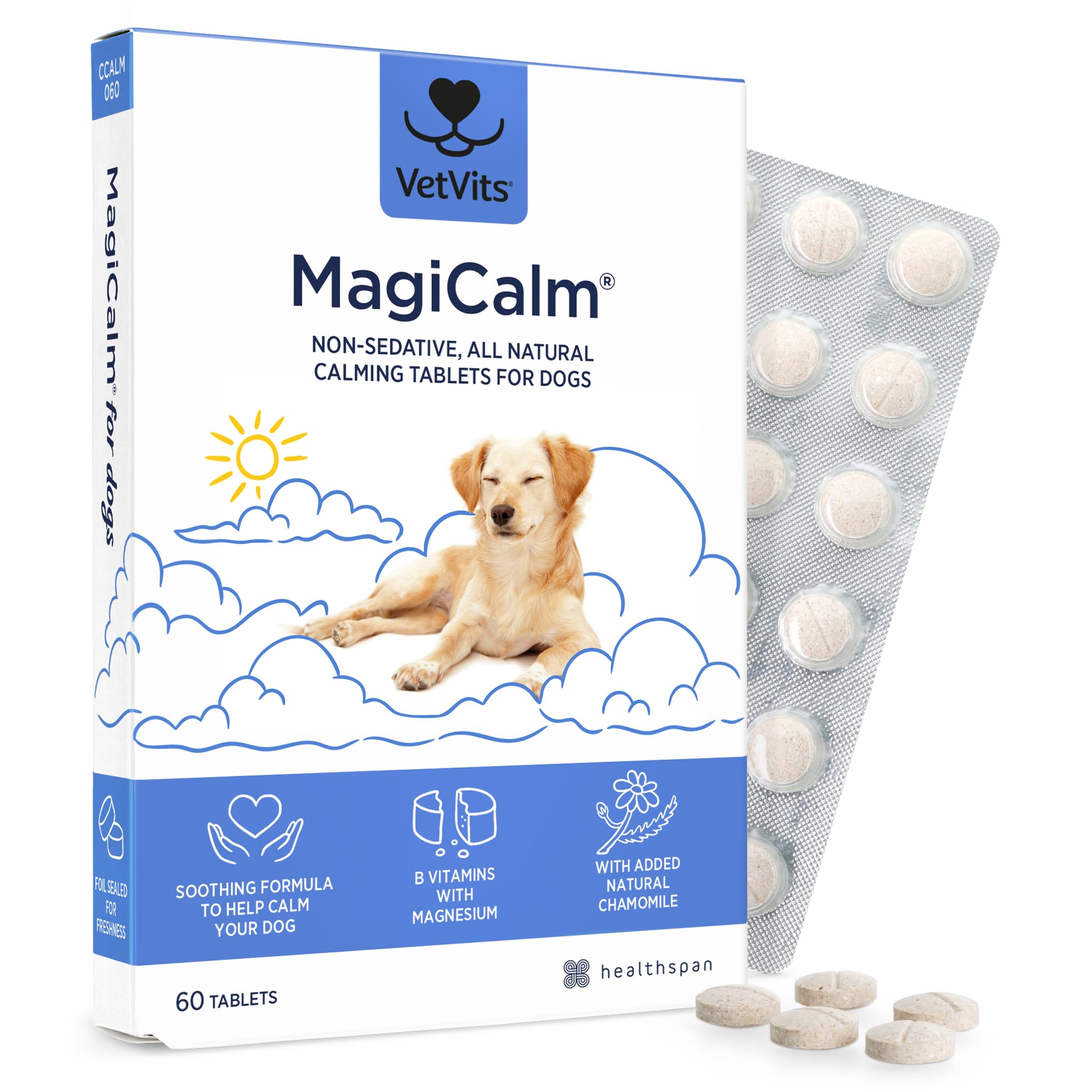 Vetvits MagiCalm For Dogs (60 Tablets) | For Naturally Calmer & Less Anxious Dogs | Gentle, Soothing Formulation | Magnesium, Chamomile & B Vitamins | Tasty Beef Flavoured (60 Tablets)