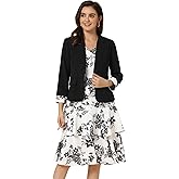 Allegra K Women's Dress Suit Sets 2 Pcs Chiffon V Neck Floral Print Contrast Panel Work Jacket Dresses