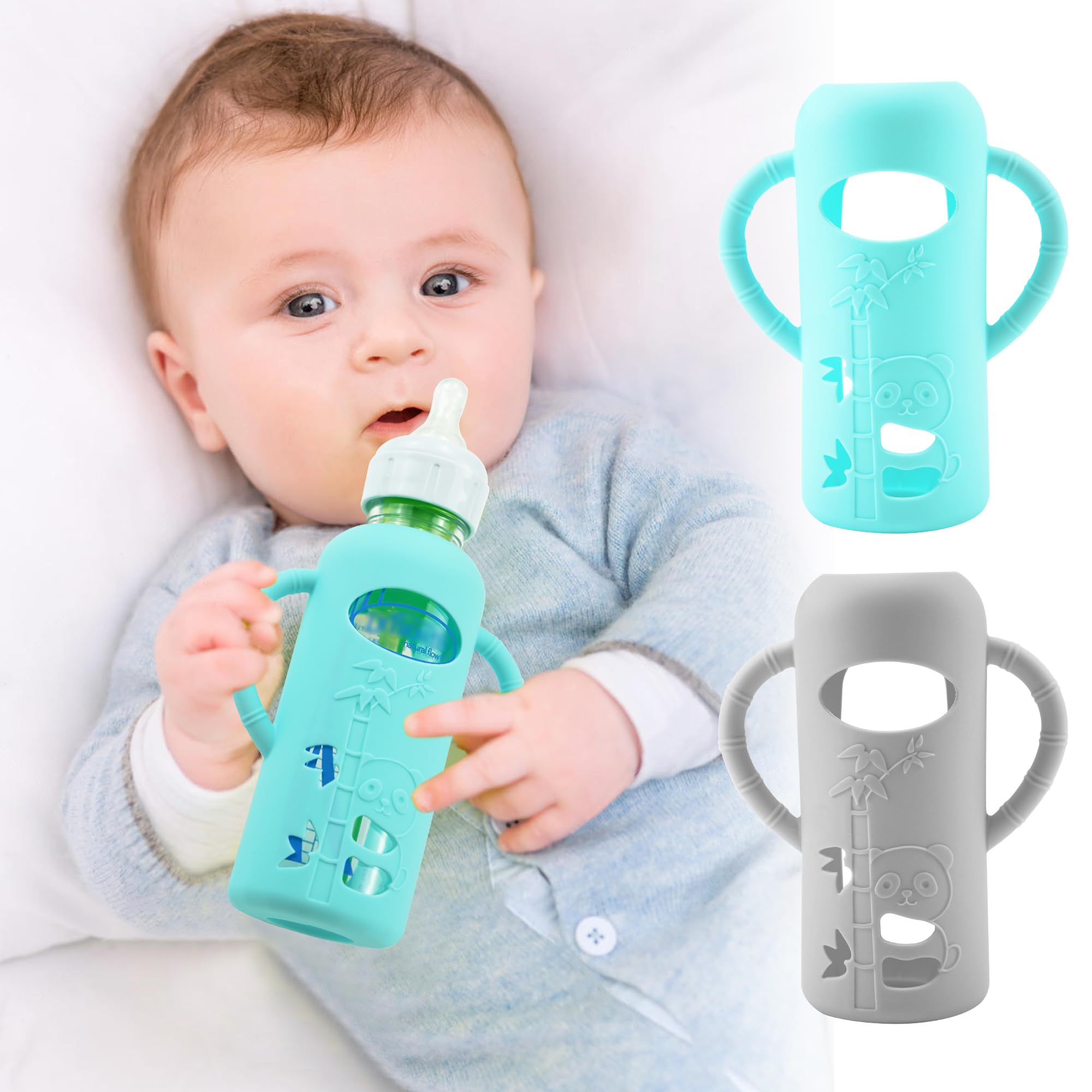 Photo 1 of 2 Pack Silicone Sleeves for Dr. Brown's Glass Baby Bottles, Anti Breakage Durable Baby Bottle Holder with Easy Grip Handles, Narrow Sleeve with a Cutout, Dishwasher/Freezer/Microwave Safe, 8 oz