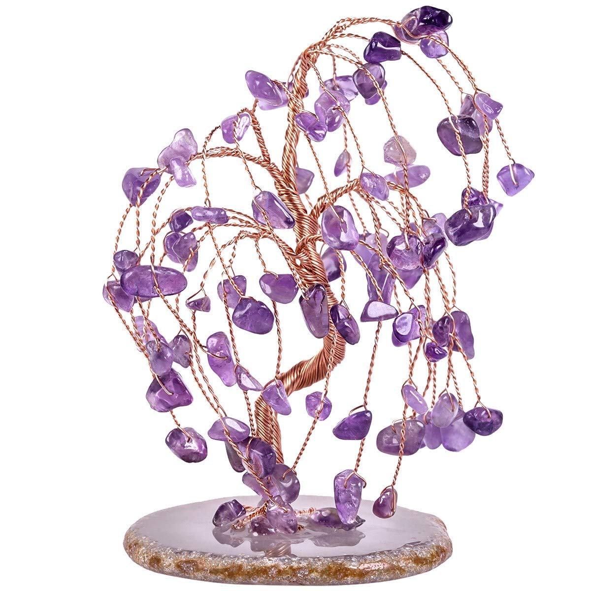 mookaitedecor Amethyst Tumbled Stones Money Tree, Gemstone Feng Shui Ornaments Willow Healing Crystal Tree Gift Purple Bedroom Accessories Good Luck Reiki Decoration, Agate Slice Geode Quartz Stand