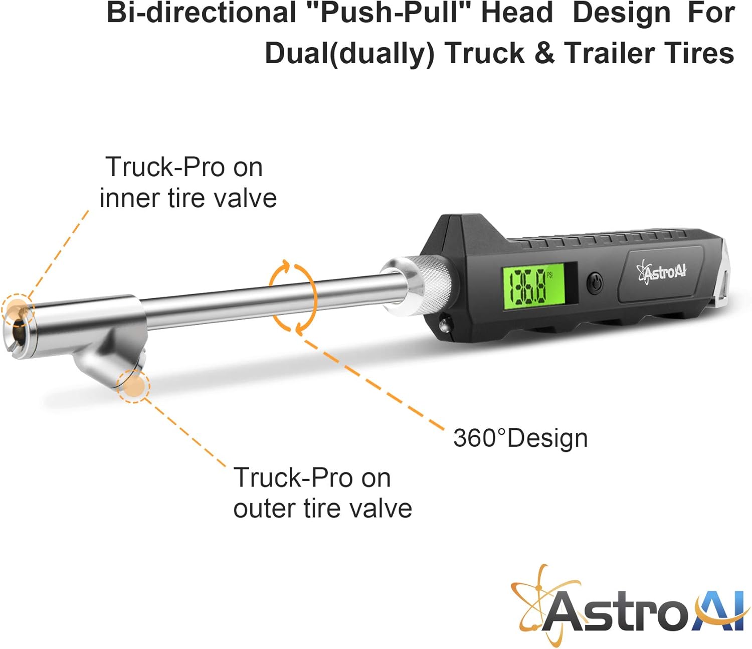 AstroAI Digital Tire Pressure Gauge 230 PSI Heavy Duty Dual Head Stainless Steel Made for Truck and RV with Backlit LCD and Flashlight: Automotive