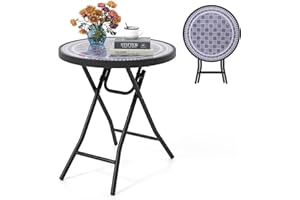 Giantex Folding Outdoor Side Table with Tempered Glass Tabletop & Metal Frame, Portable 18” Round End Table for Patio, Sofa S