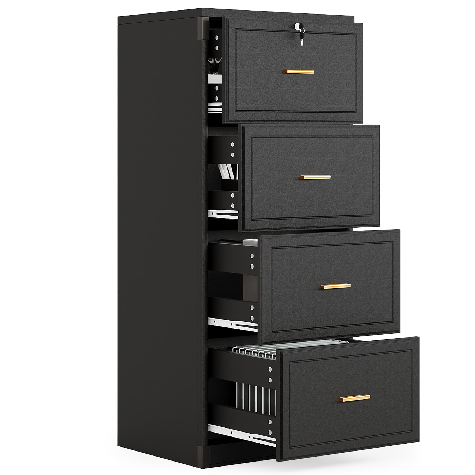 Photo 1 of (SOLF FOR PARTS*(missing) 
LITTLE TREE 4-Drawer File Cabinet with Lock, Large Vertical Storage Cabinet, Secure Space-Saver for Home Office, Compatible with A4/F4/Letter/Legal Size Files, Filing Cabinets for Home Office, Black