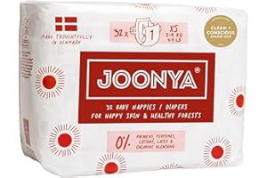 Joonya Baby Diapers, Size 1 XS (4-9 lb) - 1 Bag of 32 - New Range - NonToxic, Eco-Friendly, Ultra Slim, Overnight Use - Made in Denmark