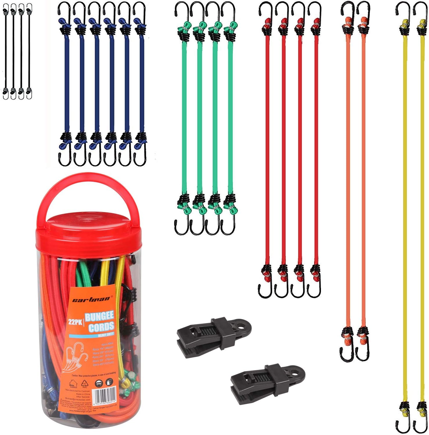 CARTMAN Bungee Cord 22pcs & Clamp 2pcs in Jar