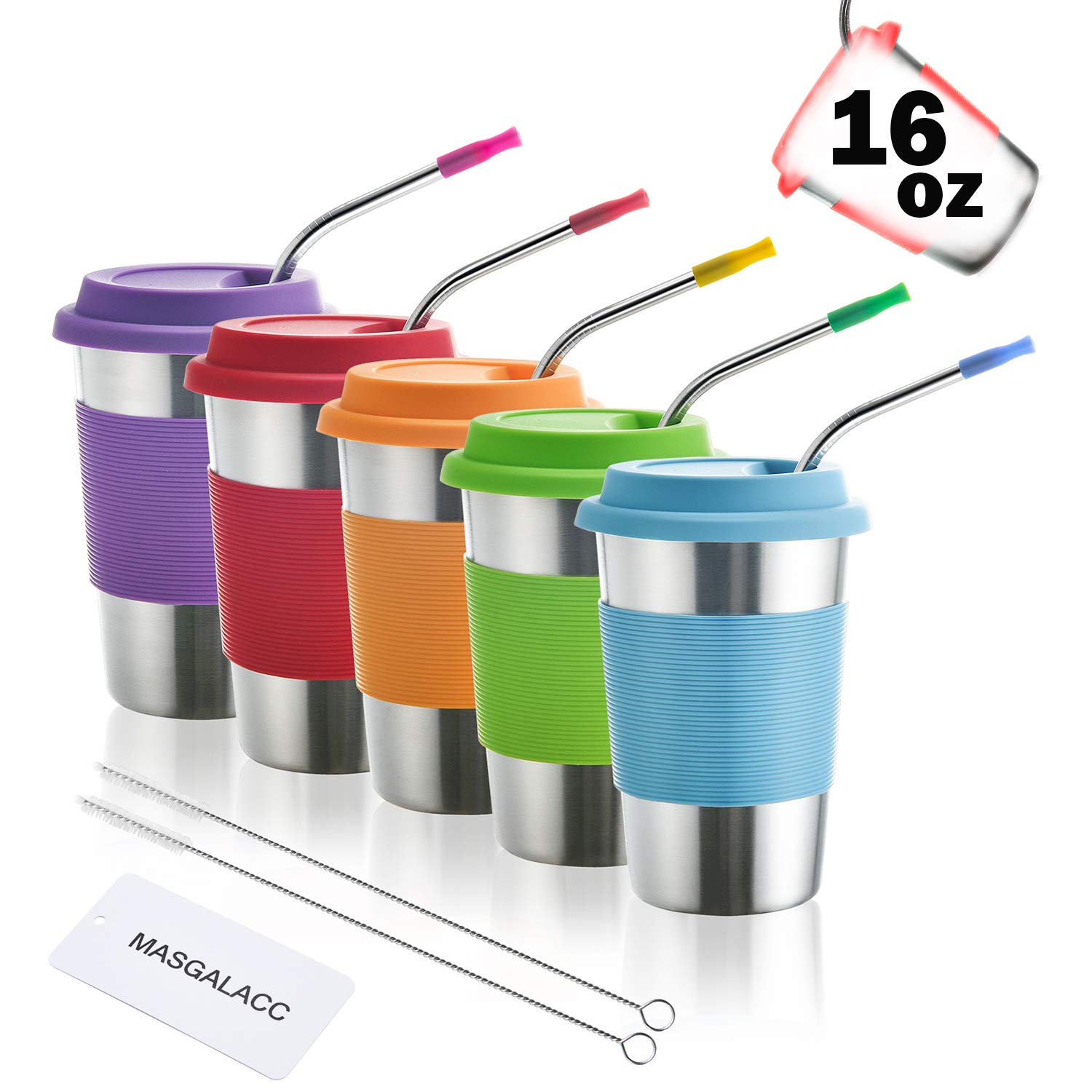 Kids Stainless Steel Cups 12 oz With Silicone Lids & Straw 5 Pack