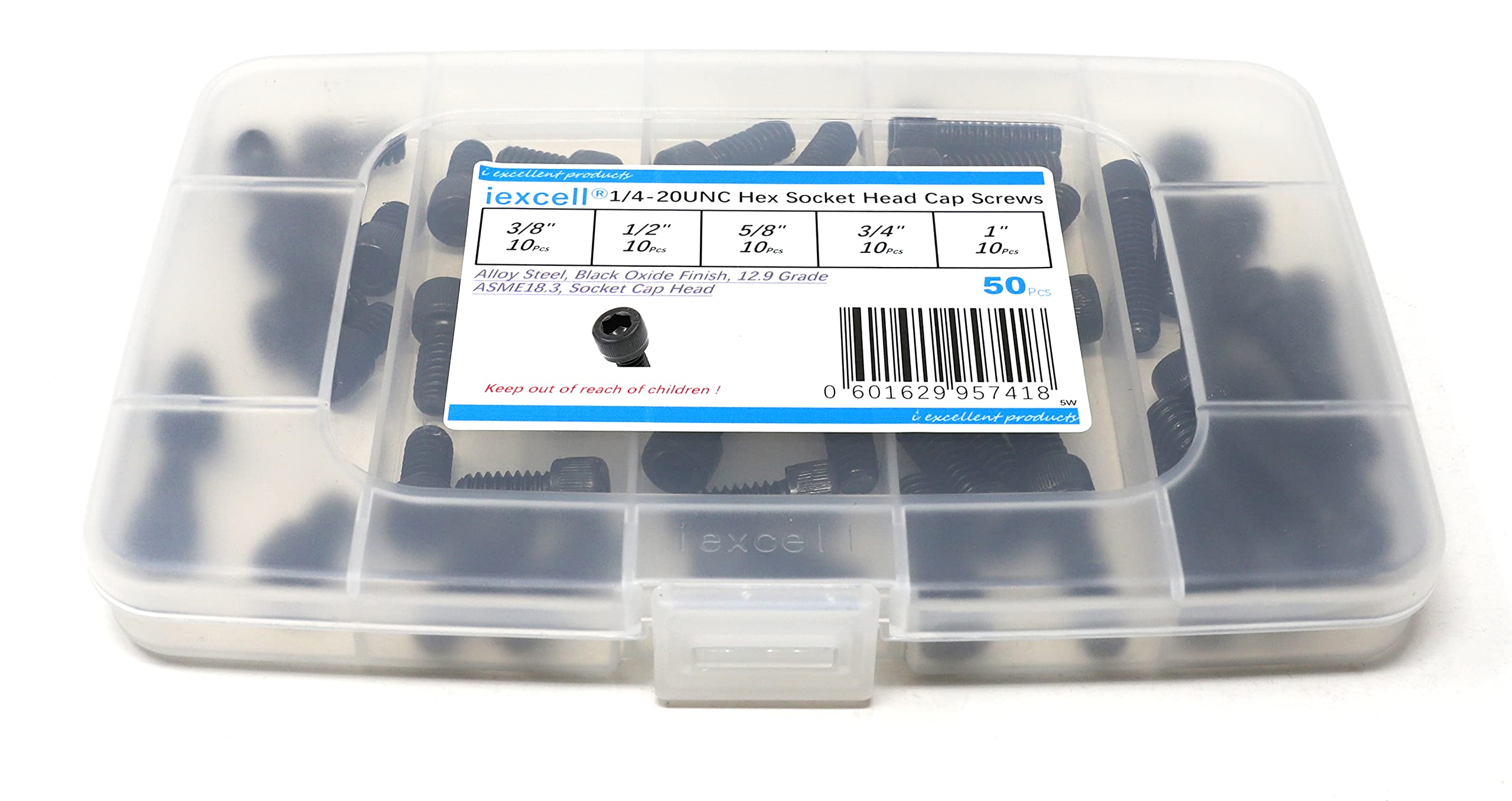 iExcell 50 Pcs 12.9 Grade 1/4-20UNC x 3/8" 1/2" 5/8" 3/4" 1" Alloy Steel Hex Socket Head Cap Screws Bolts Assortment, Black Oxide Finish
