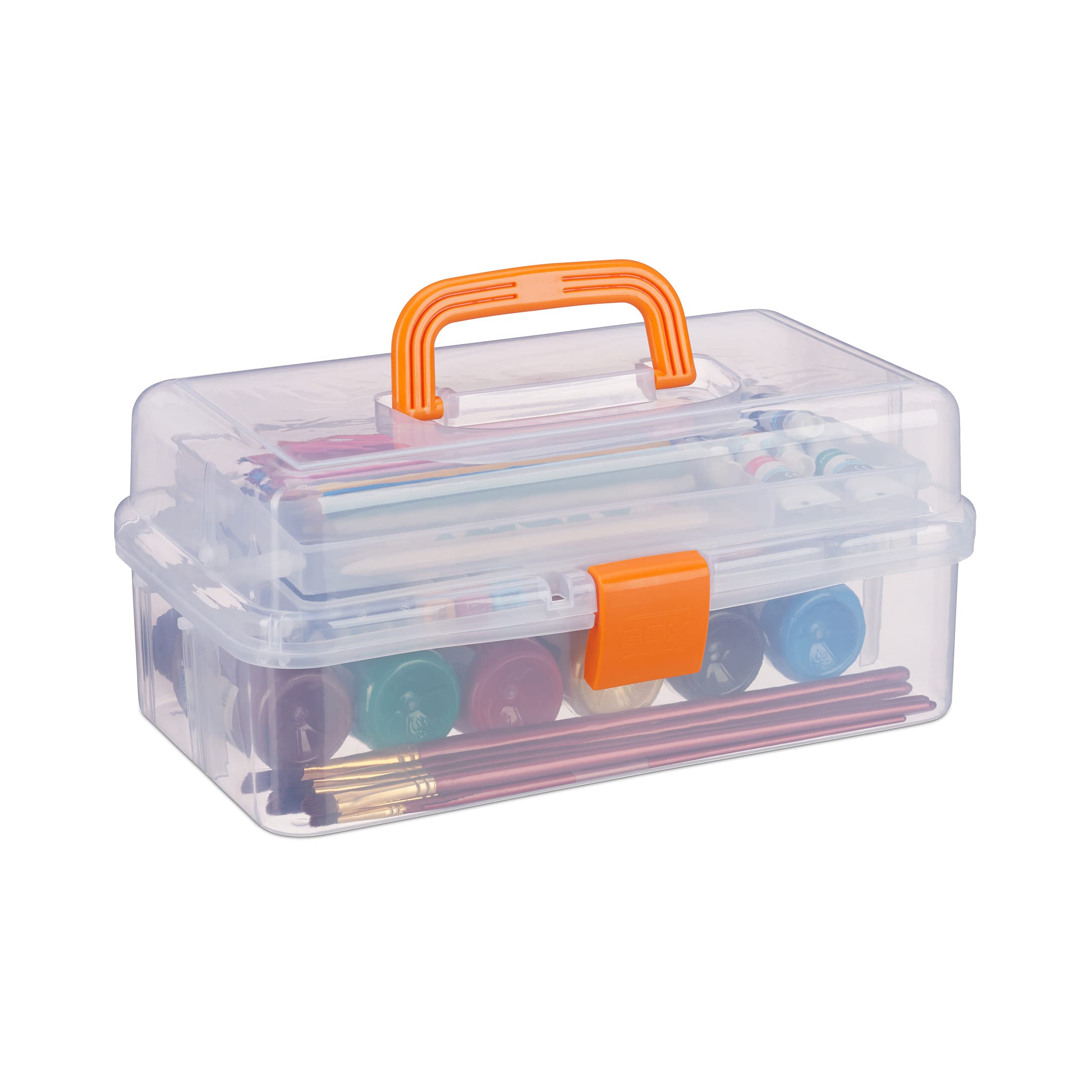 Relaxdays Transparent Plastic Storage Box, 9 Compartments for Small Tools, Press Lock, HWD 14x33x19 cm, Orange