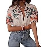 SHENHE Women's Button Down Short Sleeve Shirt Floral Tropical Boho Summer Dressy Blouse
