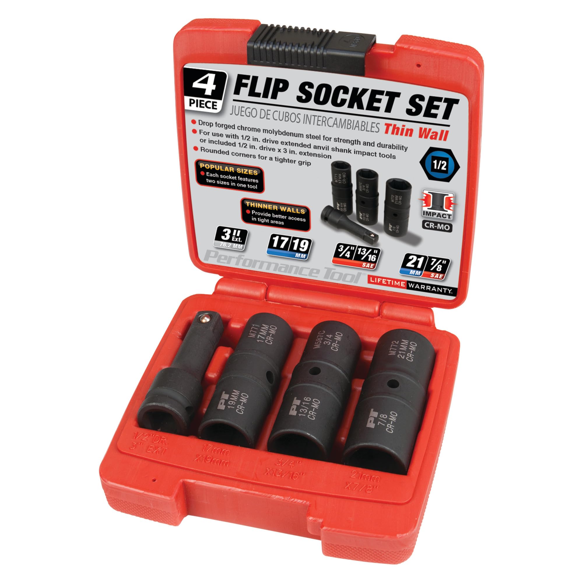 PERFORMANCE TOOL M774 1/2-Inch Drive Flip Socket Set - 4-Piece Metric & SAE Kit with Thin Wall Design for Lug Nuts, Wheel Bolts & More