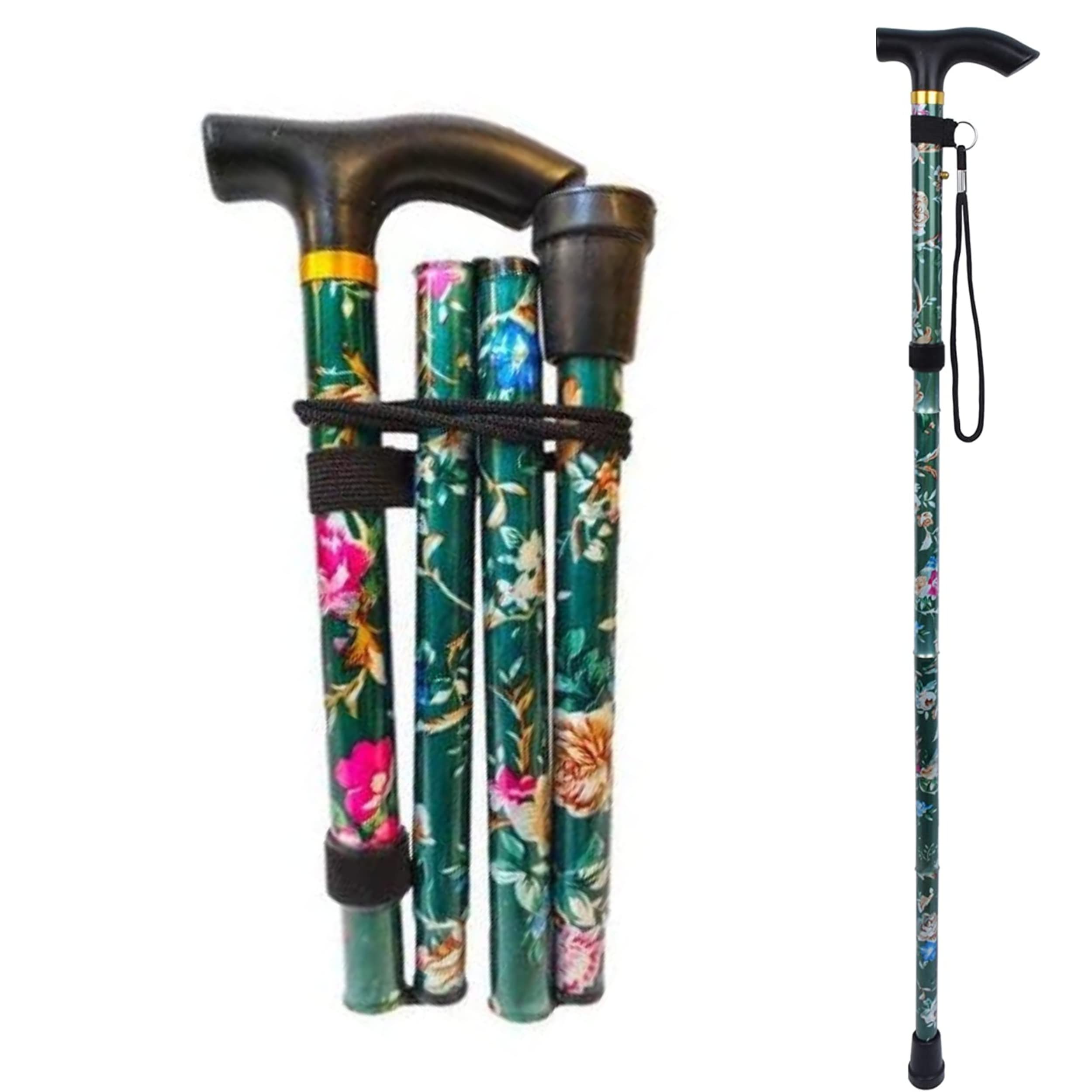 Glamified - Adjustable Folding Walking Stick, Portable Cane with Ergonomic Handle, Non-Slip Base, Lightweight, Height Adjustable / 33-37 inches, (Green Flower)