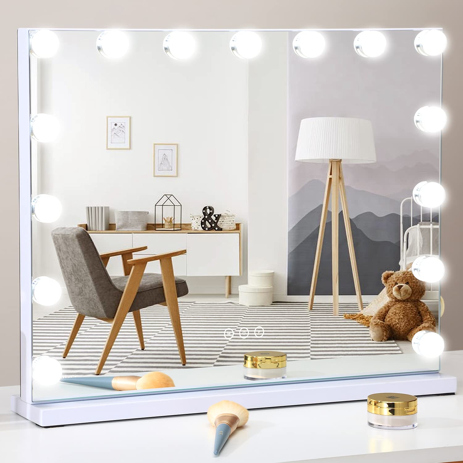 Vanity Mirror with Lights Lighted Makeup Mirror with 15 Dimmable LED Bulbs,3 Color Lighting Modes,USB Charging Port Touch Control,Sturdy Metal Frame Design 24x18 Inch,White