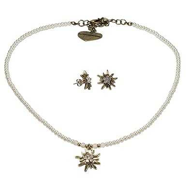 Alpenflüstern Trachtenschmuck-Set Filigran Perlen-Trachtenkette und Trachten-Ohrstecker Strass-Edelweiß - Damen-Trachten-Schm