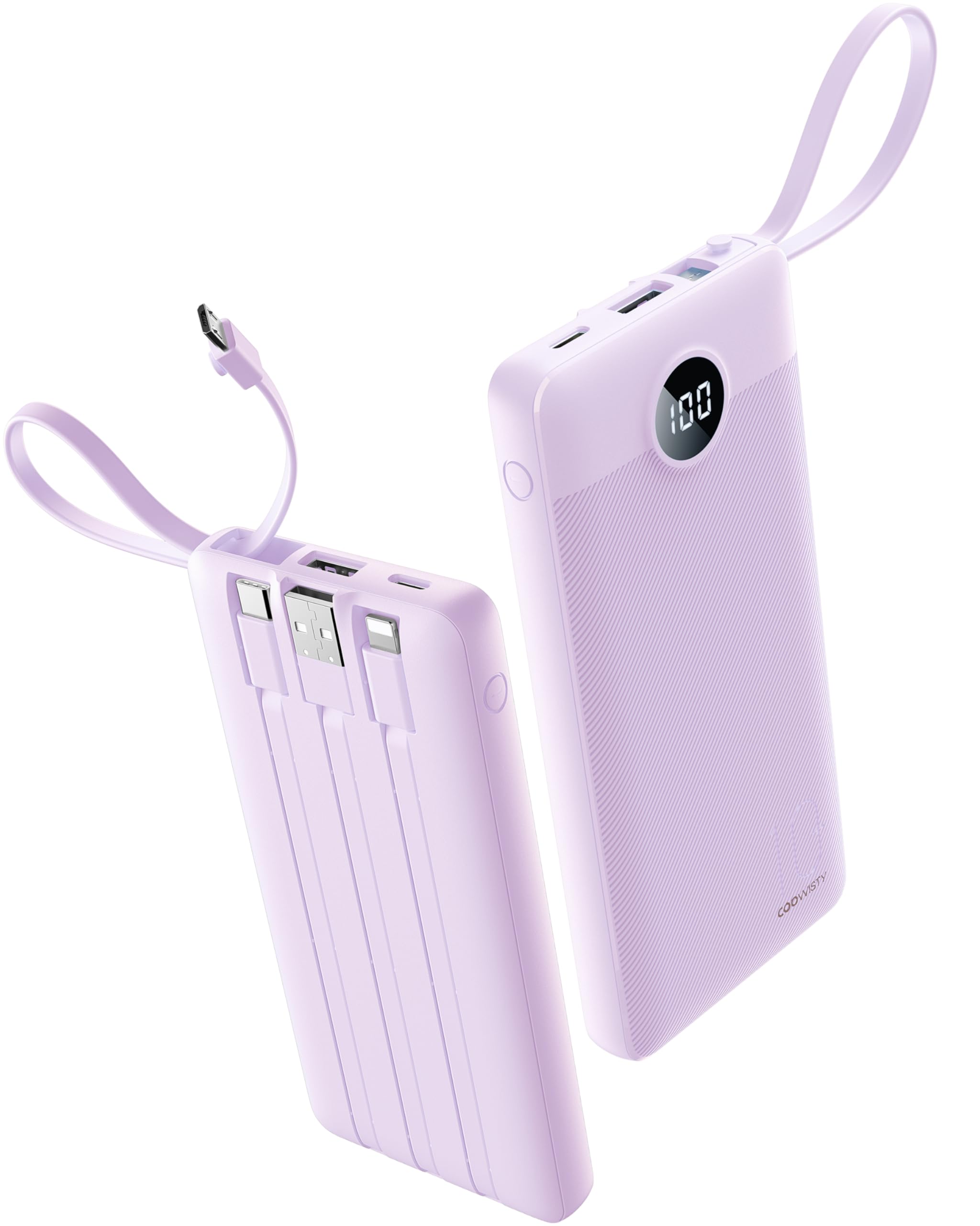 Coowisty Portable Charger with Built-in Cable, 10000mAh Slim USB C Power Bank, External Battery Pack 5 Outputs 2 Inputs LED Display Compatible with iPhone/Android & More (Lavender) Image