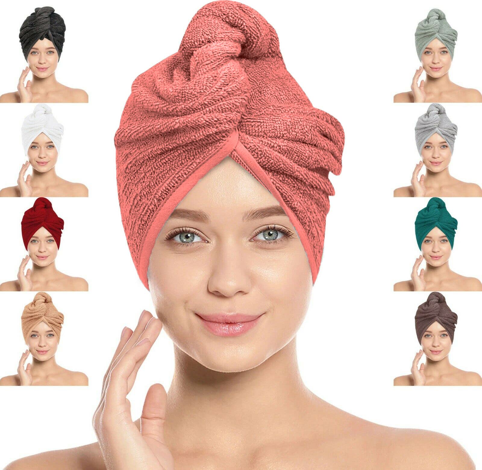 LOOM KNIT Hair Towel Wrap Lightweight Turban, Instant Drying 100% Cotton Cap Super Quick Absorbent Anti-Frizz Twist Toweling Dry Hat with Button and Loop Long Curly Hairs, 64 x 24CM, Peach, Twin Pack
