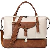 CLUCI Weekender Bag for Women Leather Large Overnight Travel Duffel Bag with Shoe Compartment Beige with Brown