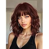 Aokiya Copper Red Wavy Wig with Bangs 16inch Bob Curly Hair Wigs for Women Realistic Shoulder Length Style Synthetic Heat Resistant Wig Suitable for Daily Wear for Beginners