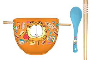 Silver Buffalo Garfield Hungry Junk Food Ceramic Ramen Noodle Rice Bowl with Chopsticks and Spoon, Microwave Safe, 20 Ounces