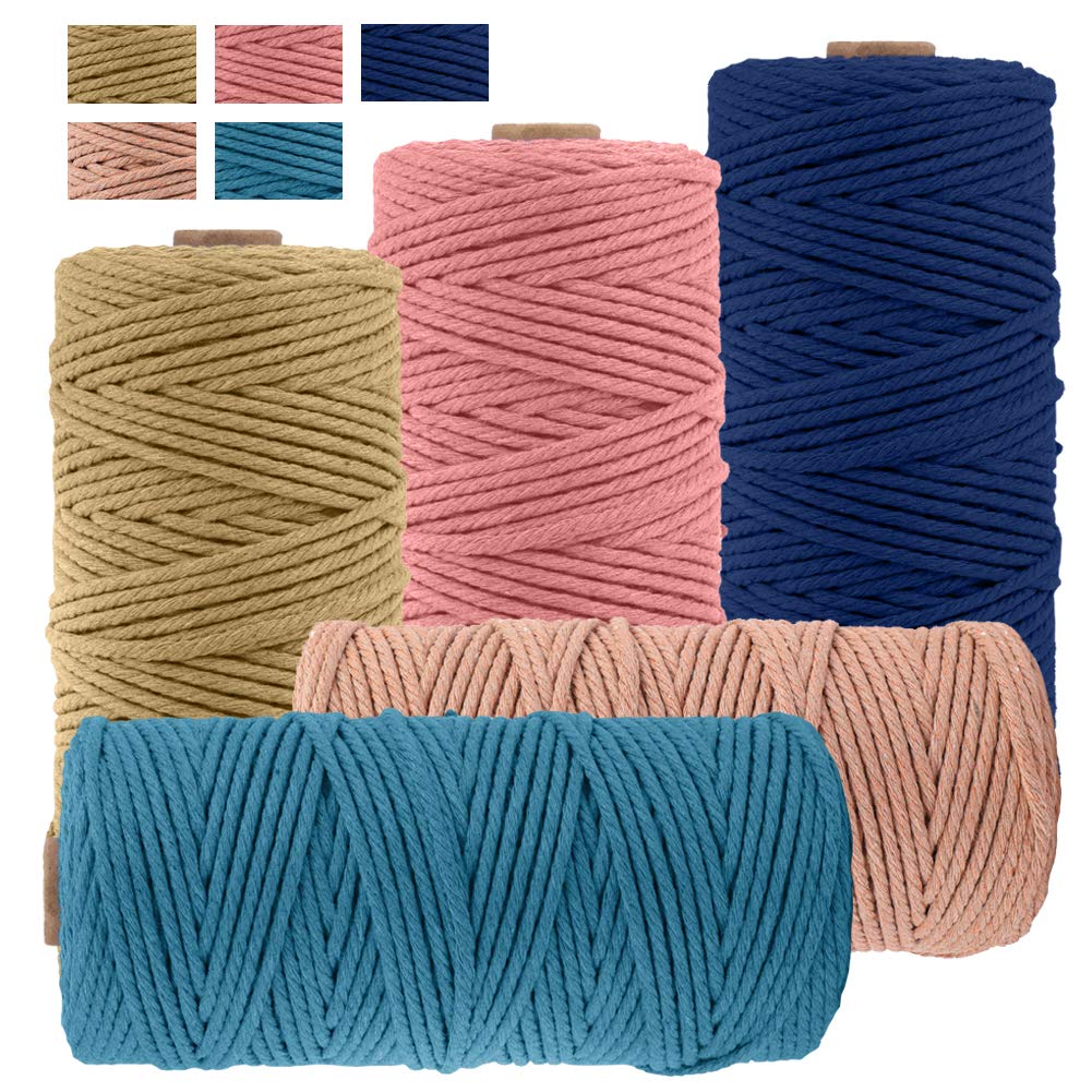JeogYong Pack of 5 Macrame Cord Set, Thick Natural Cotton Cord Yarn 4 Strands Macrame Rope for Wall Hangings, Plant Hangers, DIY Crafts, Home Decorations, Gift Wrapping 3mm x 109 Yards (5 Color E)