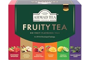 Ahmad Tea Black & Green Tea, Fruitytea Assorted Sampler Variety Gift Box, 60 Foil Teabags - Caffeinated & Sugar-Free